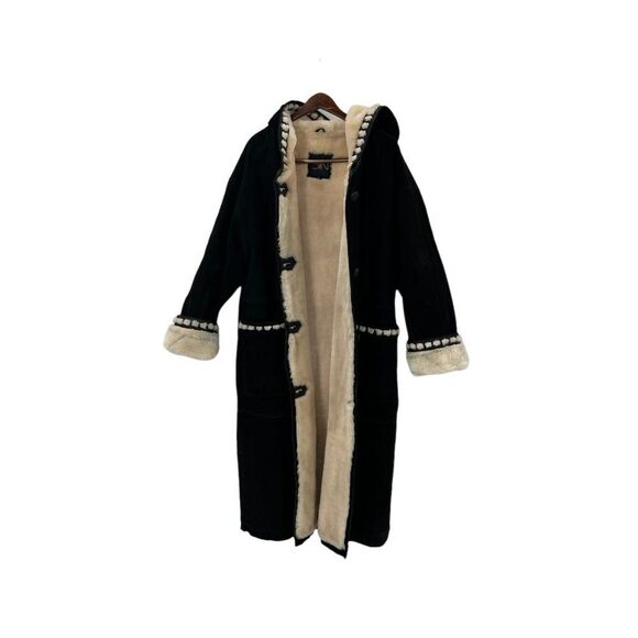 Vintage Sin by Morgan Cooper Black Suede Faux Fur Hooded Trench Coat Jacket L - Picture 4 of 16
